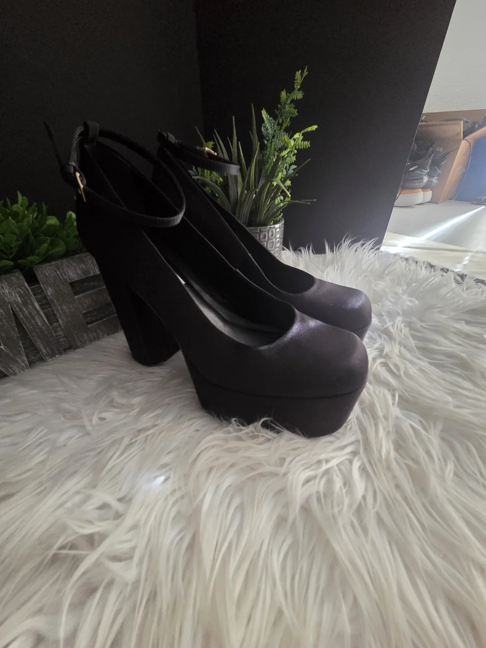 Artem Black Silk Sky High Platform Ankle-Strap Heels. Size 8